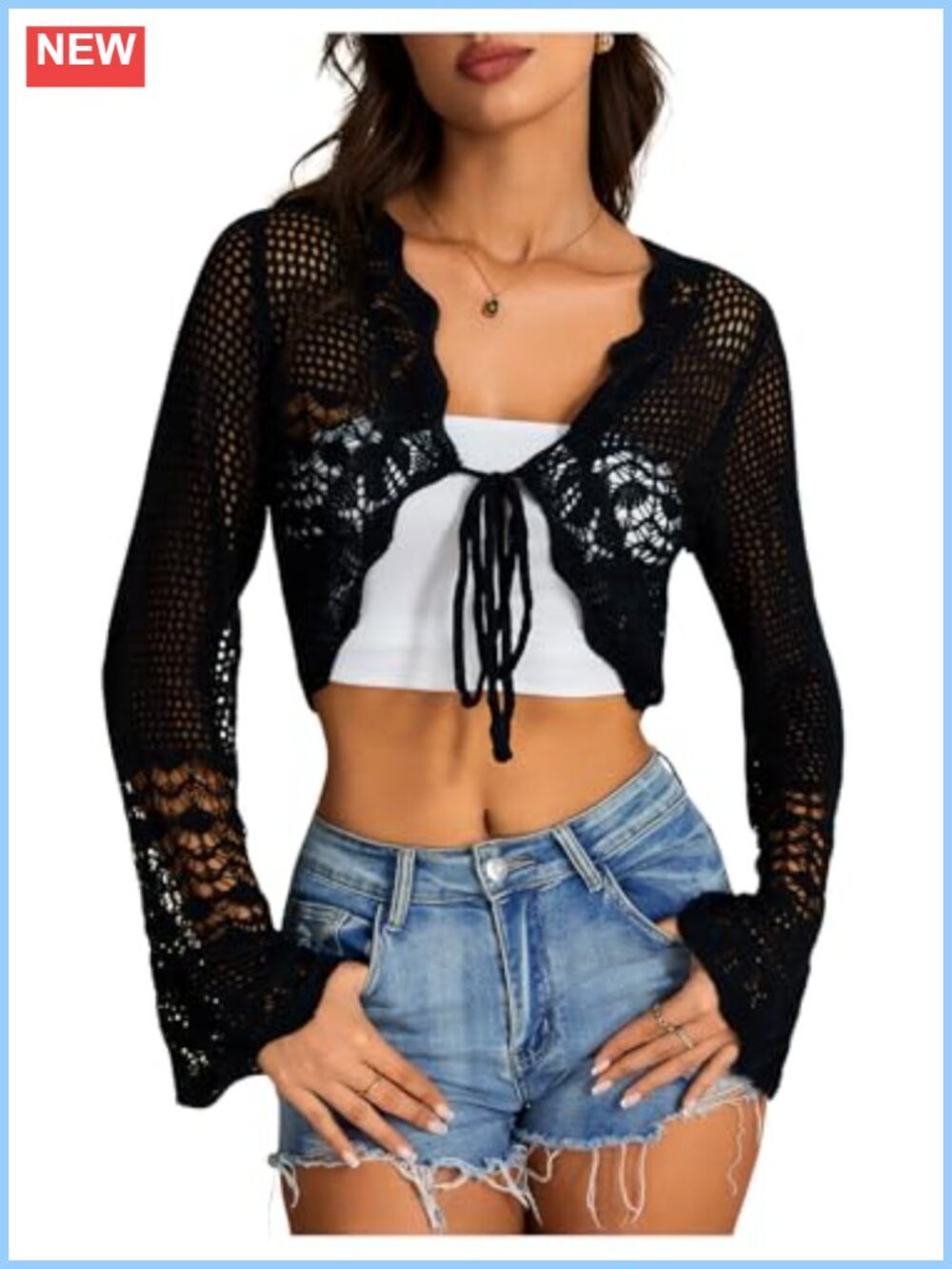 Crochet Tie Front Cardigan Bolero Shrug Sheer Crop Knit